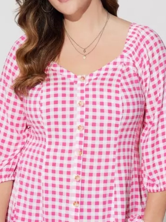torrid Tops - Torrid Fit Flare Button Up 3/4 Sleeve Gingham Pink Top 1X 14/16 NWT